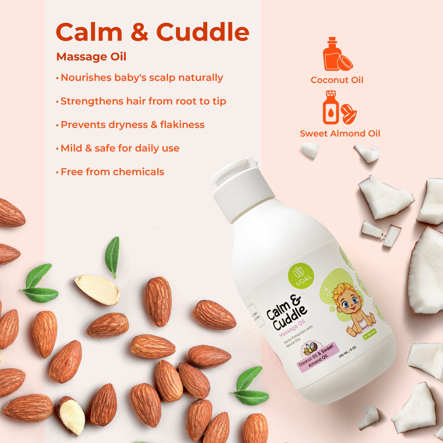 Calm & Cuddle massage oil bottle with benefits of massage